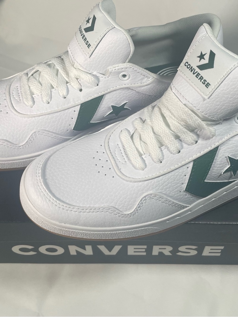 Converse White Leather Low-Top Sneakers with Green Chevron Star Accents
